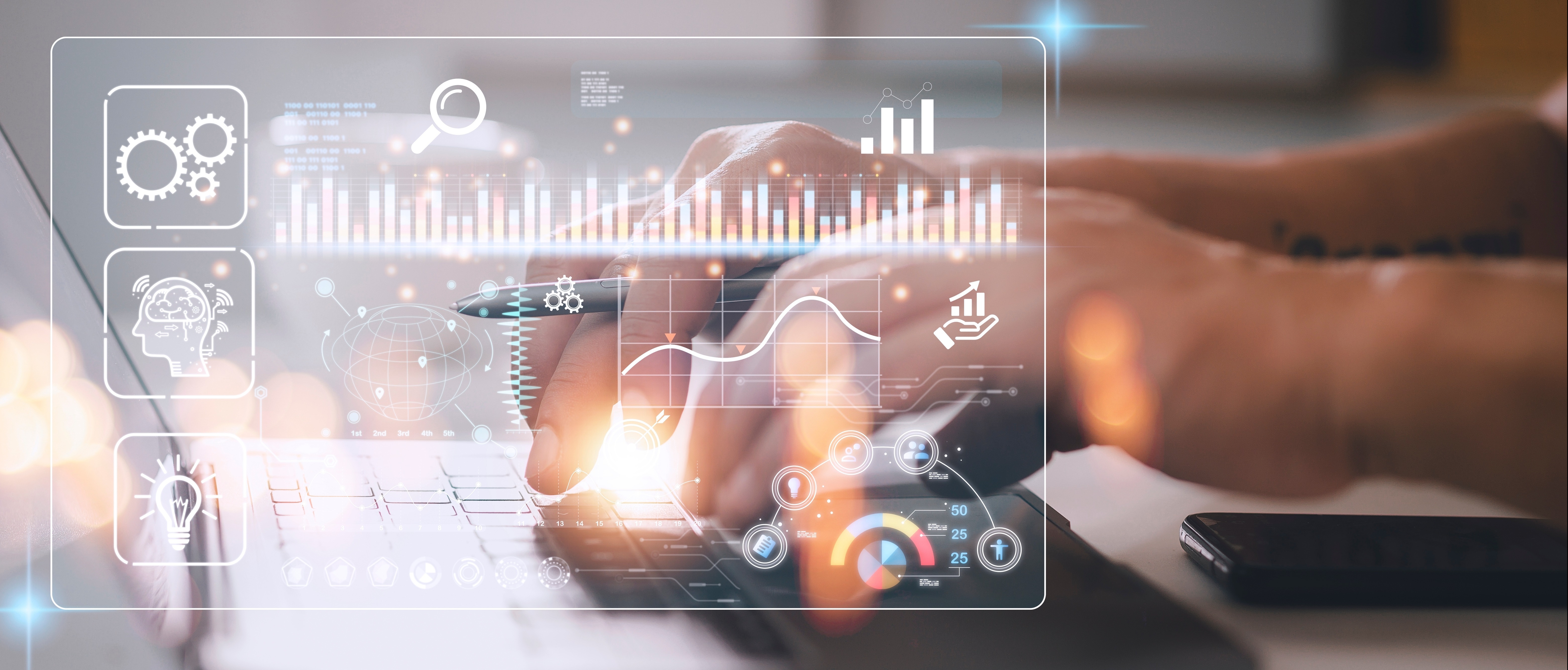 Hands typing on a keyboard with overlay of digital icons and graphs, indicating data analysis and technology
